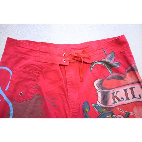 Vtg Ed Hardy Men's Red "Surf or Die" Board Shorts Sz Large Graphic Swim Trunks - Picture 4 of 13